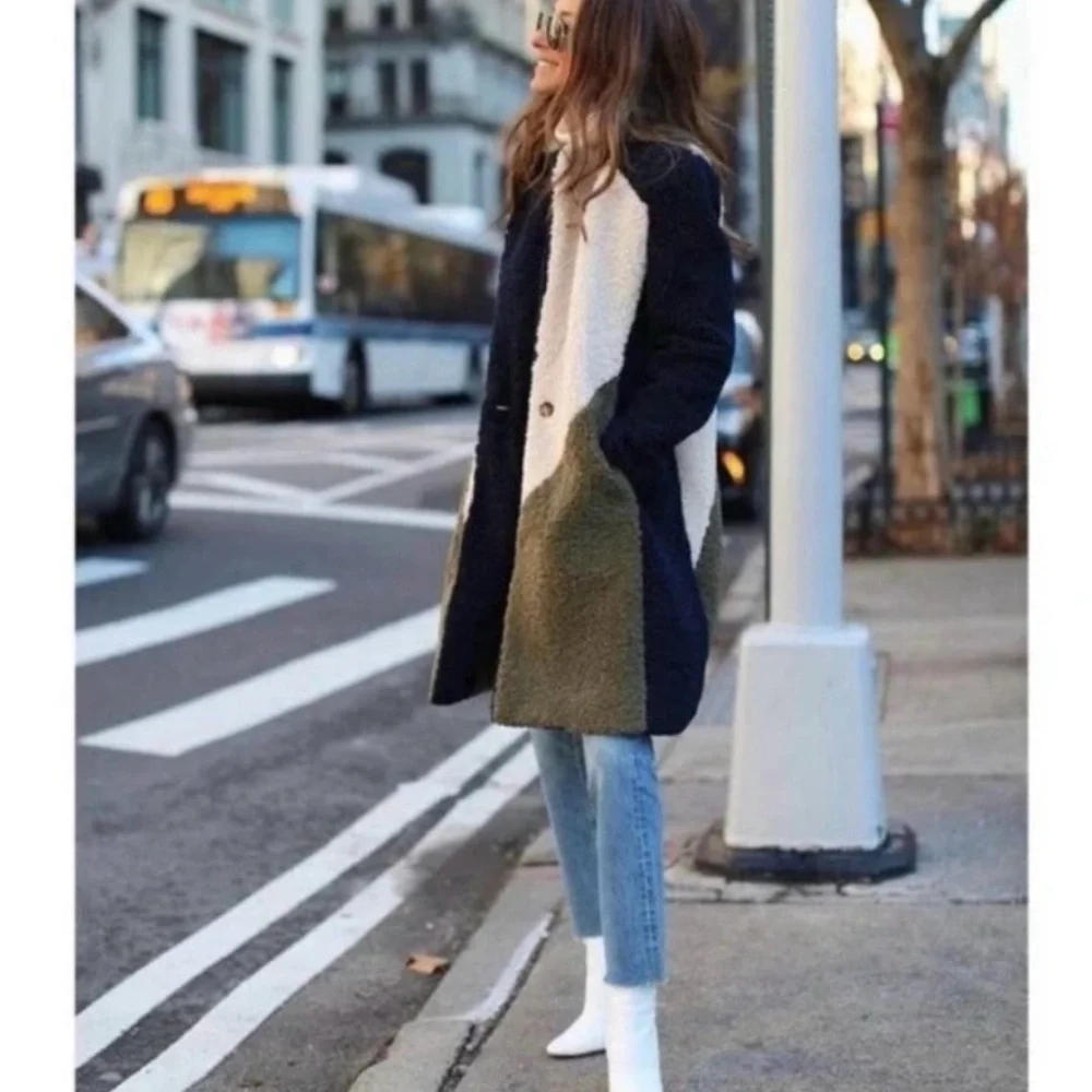 J. Crew Colorblock Teddy Coat in Navy, Cream & Olive